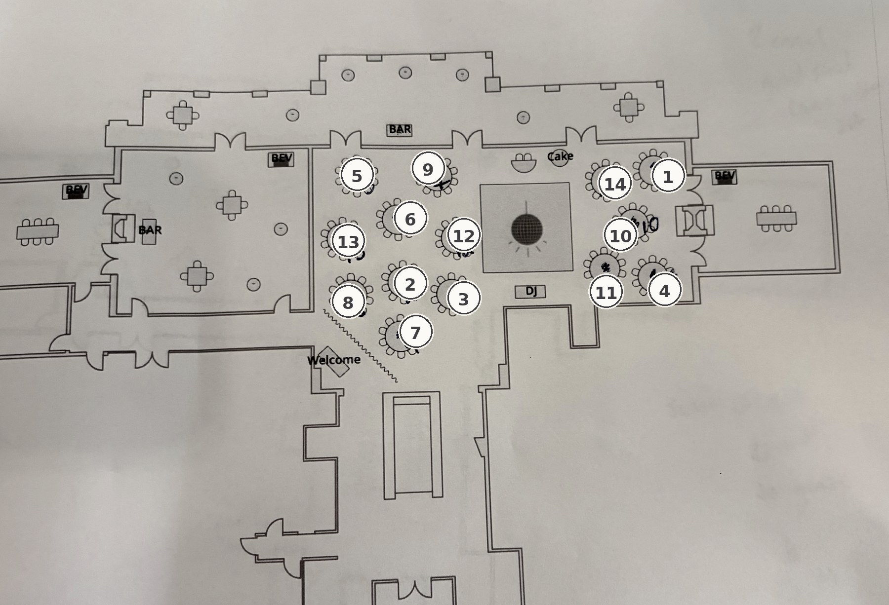 Reception floor plan with tables 1 through 14 labeled